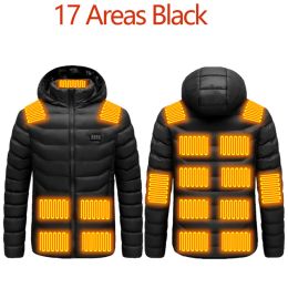 Men 9 Areas Heated Jacket USB Winter Outdoor Electric Heating Jackets Warm Sprots Thermal Coat Clothing Heatable Cotton jacket - M - 17 heated Black