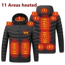 Men 9 Areas Heated Jacket USB Winter Outdoor Electric Heating Jackets Warm Sprots Thermal Coat Clothing Heatable Cotton jacket - 4XL - 11 heated Black