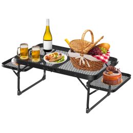 Foldable Camping Table Collapsible Picnic Aluminum Alloy Grill Stand 88LBS Max Load BBQ Table with 2 Side Trays - Black