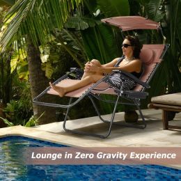 Folding Recliner Lounge Chair with Shade Canopy Cup Holder - coffee